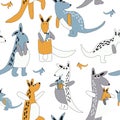 Seamless pattern cute cartoon colorful vector illustration happy kangaroo with black contours on the white background Royalty Free Stock Photo